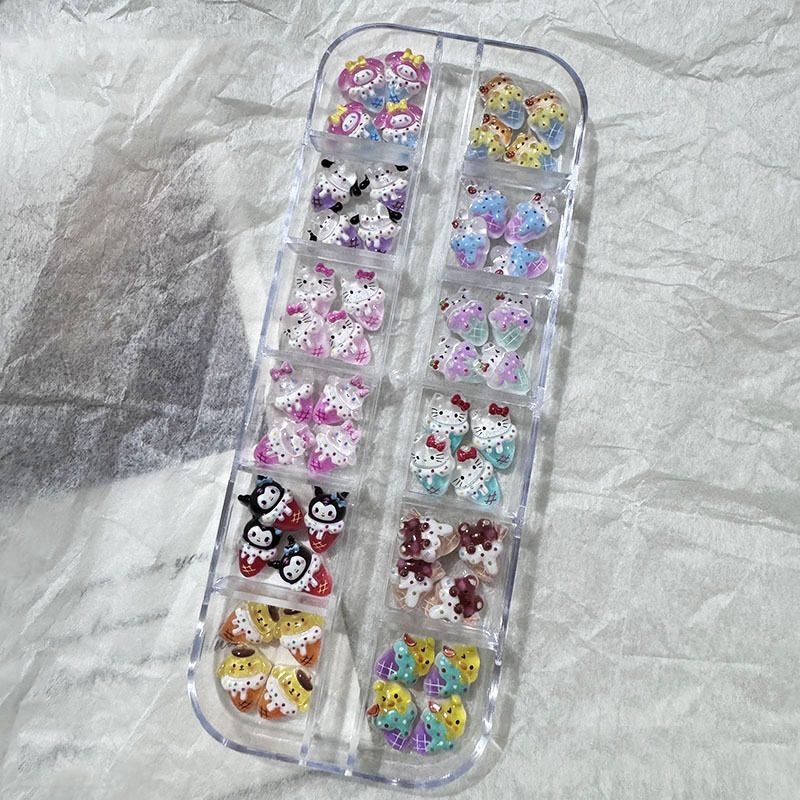 12Grids/Box Swim Bikini Hello Kitty Nail Charms Kawaii Tan Skin Kitty Cat Resin Charms Pink Bow Nail Art Decorations Accessories