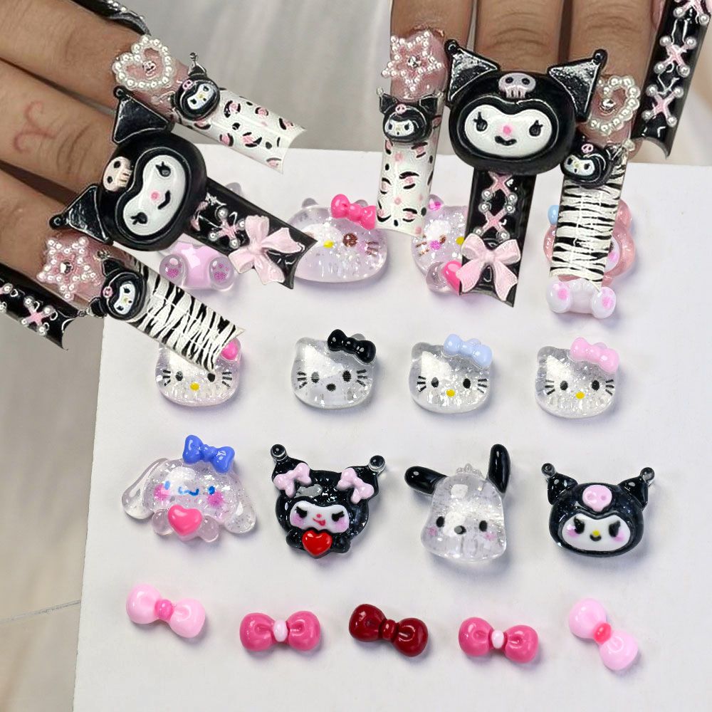 12Grids/Box Swim Bikini Hello Kitty Nail Charms Kawaii Tan Skin Kitty Cat Resin Charms Pink Bow Nail Art Decorations Accessories