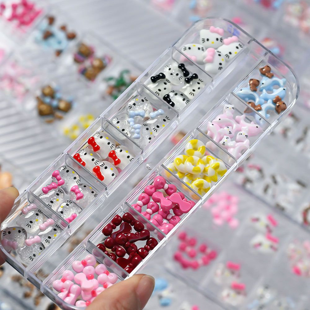 12Grids/Box Swim Bikini Hello Kitty Nail Charms Kawaii Tan Skin Kitty Cat Resin Charms Pink Bow Nail Art Decorations Accessories