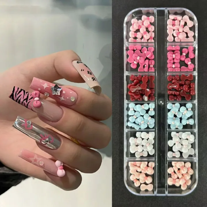 12Grids/Box Swim Bikini Hello Kitty Nail Charms Kawaii Tan Skin Kitty Cat Resin Charms Pink Bow Nail Art Decorations Accessories