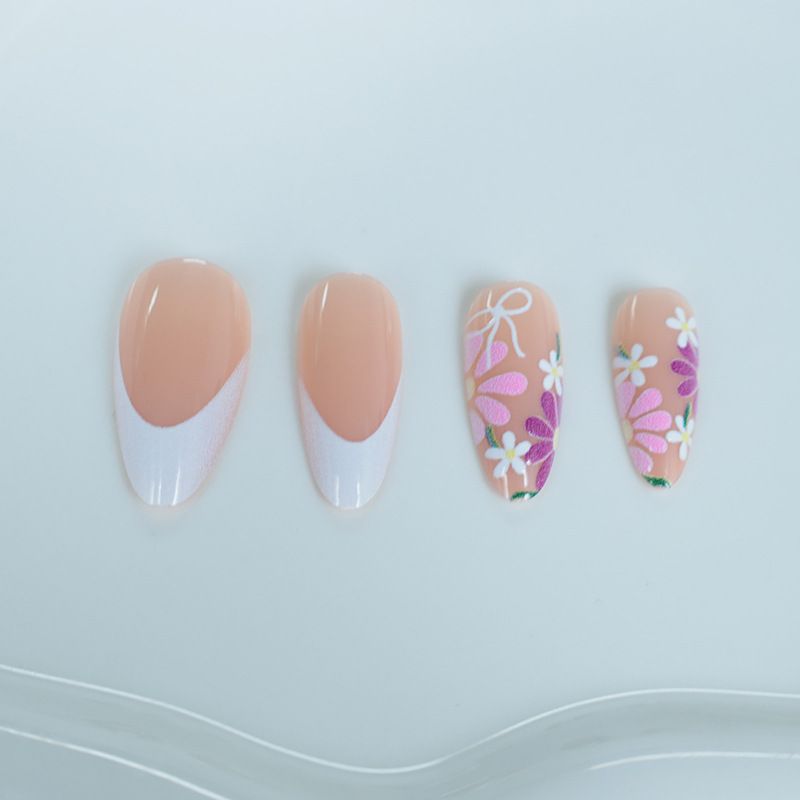 24Pcs Stiletto Press on Nails Glitter Almond False Nails French Tip Fake Nails with Glue Detachable Full Cover Acrylic Nail Tips