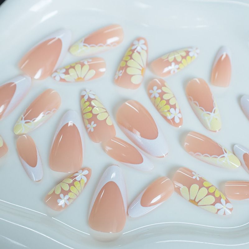 24Pcs Stiletto Press on Nails Glitter Almond False Nails French Tip Fake Nails with Glue Detachable Full Cover Acrylic Nail Tips