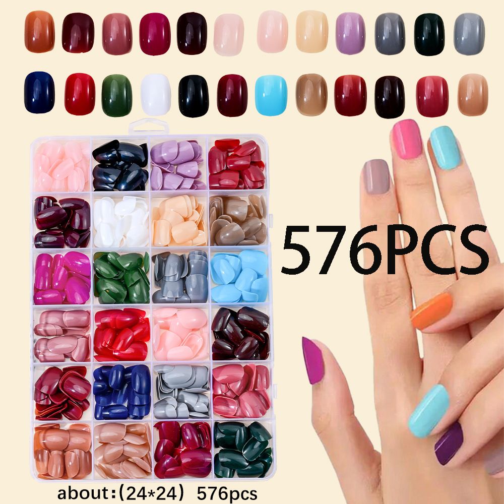 288/576pcs Short Round Square Fake Nails Glossy 24 Solid Colors Press on Nails Full Cover Artificial Fingernail False Nail Tips E0187