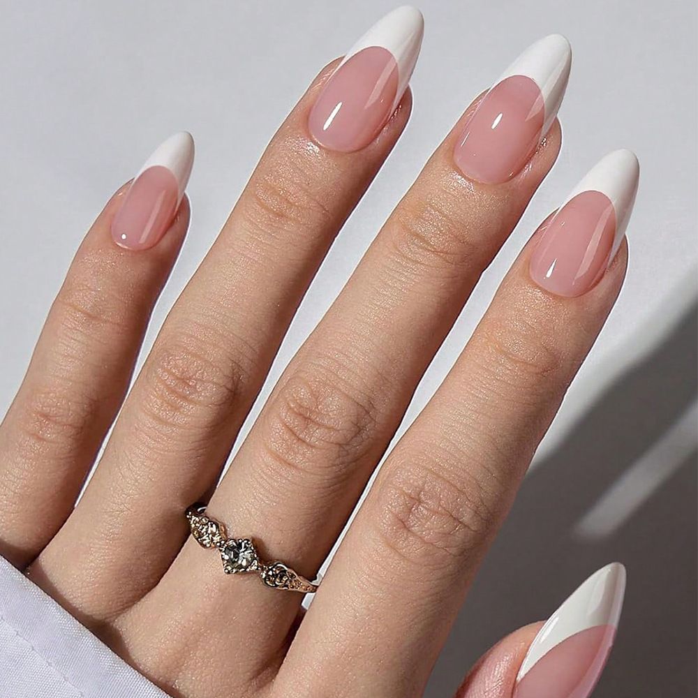 240pcs/box Nude Pink Almond French False Nails White Tip Design Short Wearing Fake Nails Women Nails Press On Nails Manicure E0188