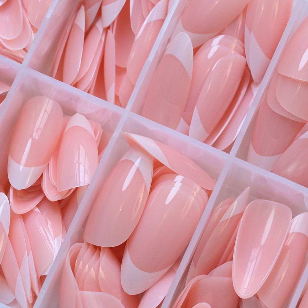 240pcs/box Nude Pink Almond French False Nails White Tip Design Short Wearing Fake Nails Women Nails Press On Nails Manicure E0188