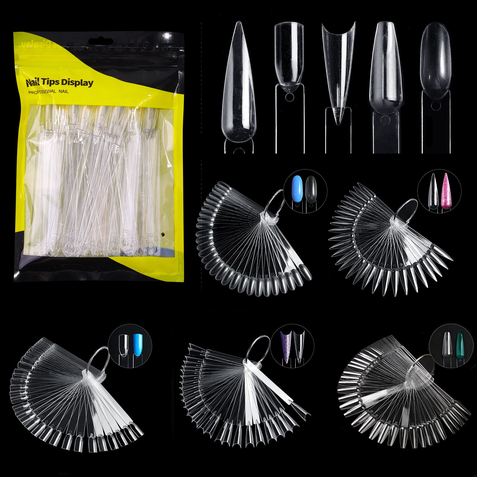 50PCS False Nails Tip Gel Nail Polish Color Chart Display Nature Clear Black Fan Shape Fake Nails Art Tool For Practice