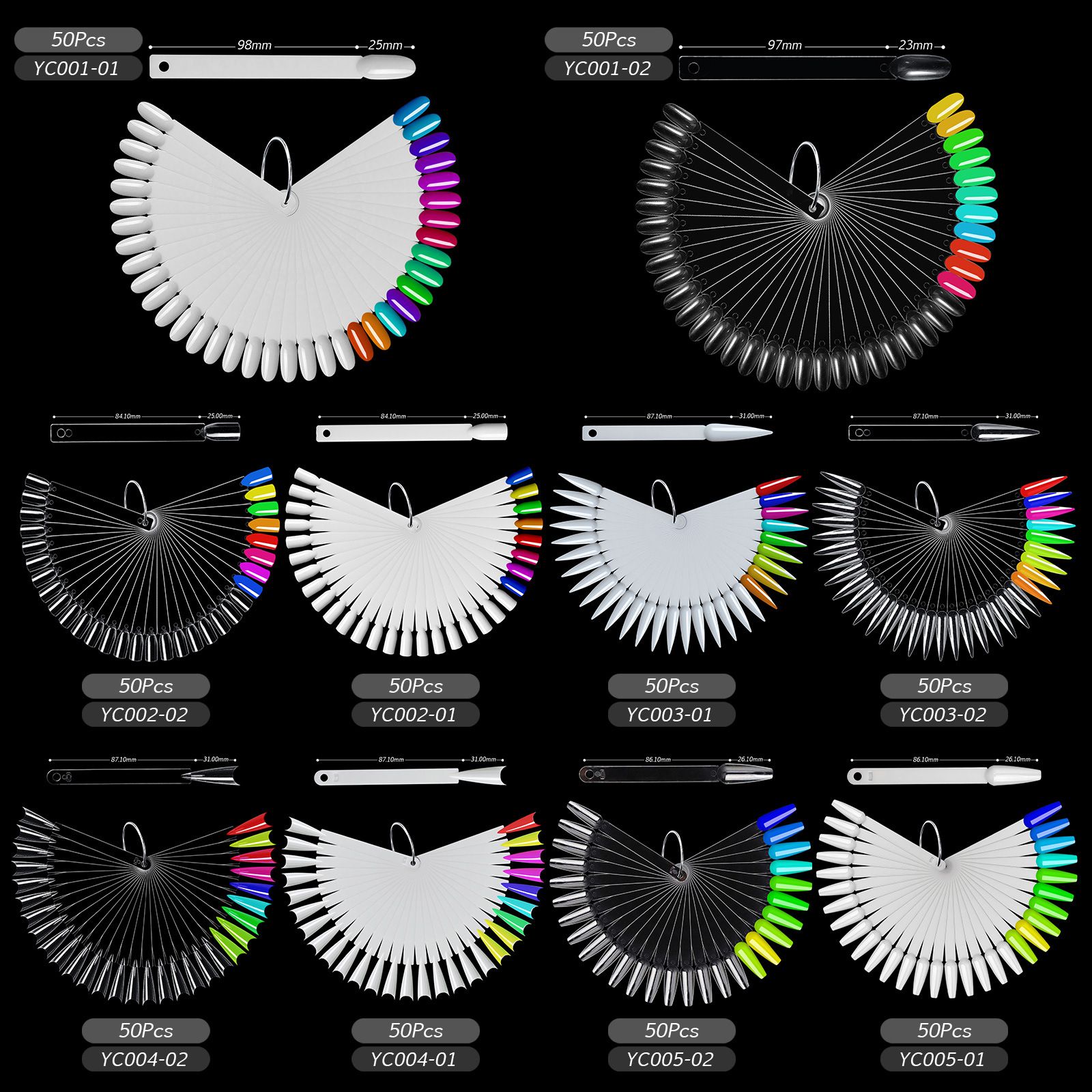 50PCS False Nails Tip Gel Nail Polish Color Chart Display Nature Clear Black Fan Shape Fake Nails Art Tool For Practice