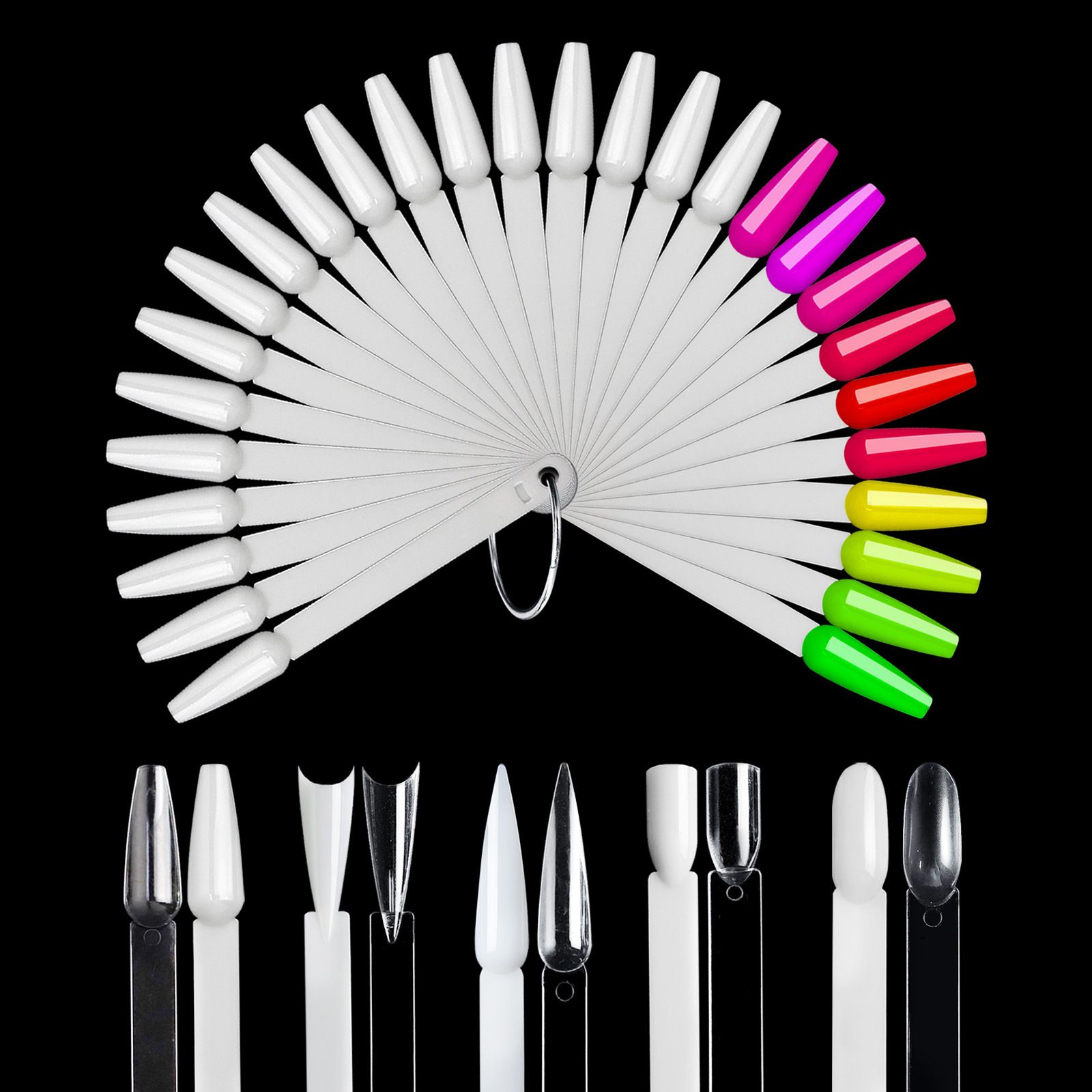 50PCS False Nails Tip Gel Nail Polish Color Chart Display Nature Clear Black Fan Shape Fake Nails Art Tool For Practice