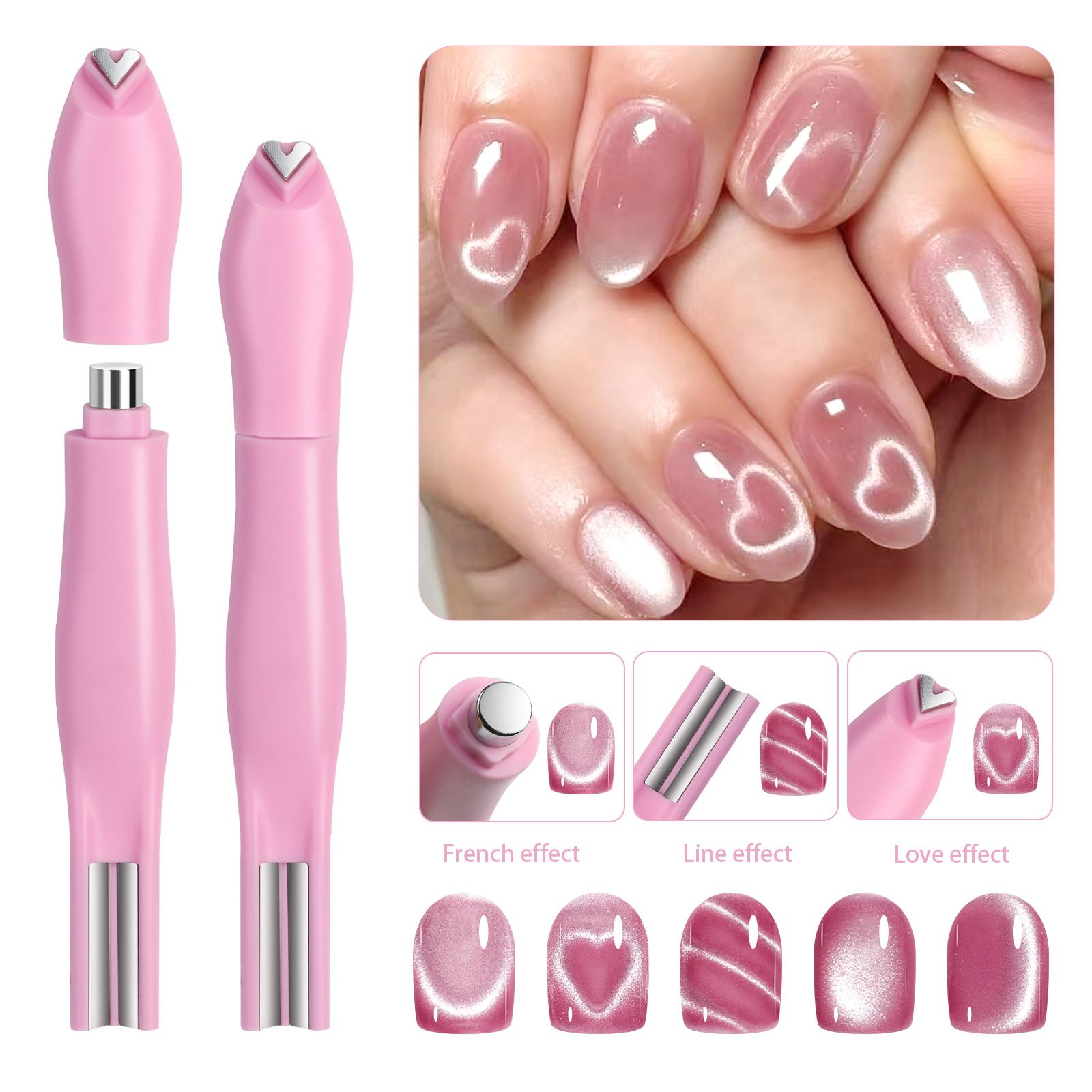3 in 1 Cat Eye Effect Double 3D Love Heart Nail Magnet Line Moon Snake Pattern French Nail UV Attraction Magnetic Stick Manicure E0149