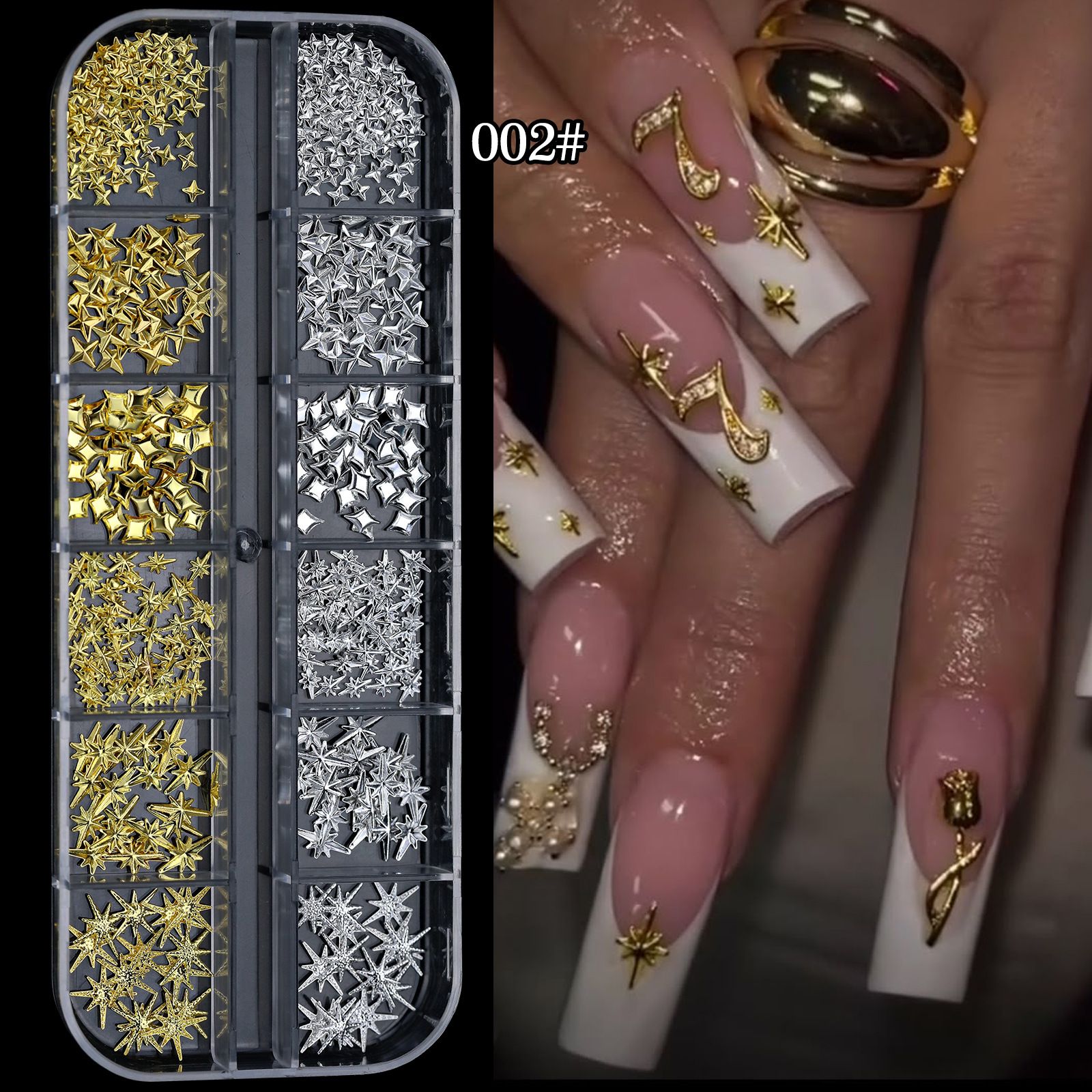 1Box Metal Star/Moon/Sun Nail Rhinestones 12 Grids Mixed Gold Silver Beads Rivets Alloy Nail Charms Decoration DIY Nail Jewelry E0151