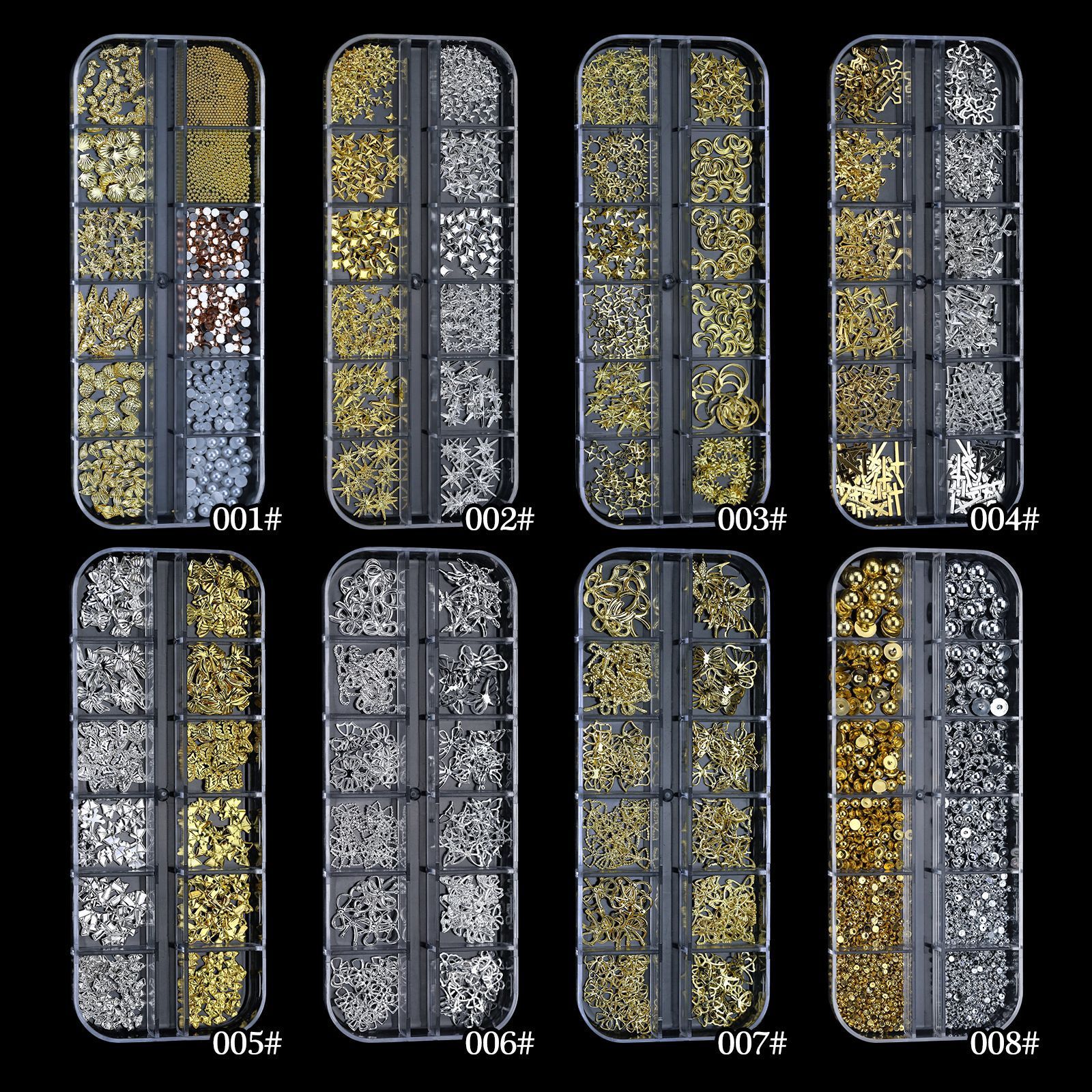 1Box Metal Star/Moon/Sun Nail Rhinestones 12 Grids Mixed Gold Silver Beads Rivets Alloy Nail Charms Decoration DIY Nail Jewelry E0151