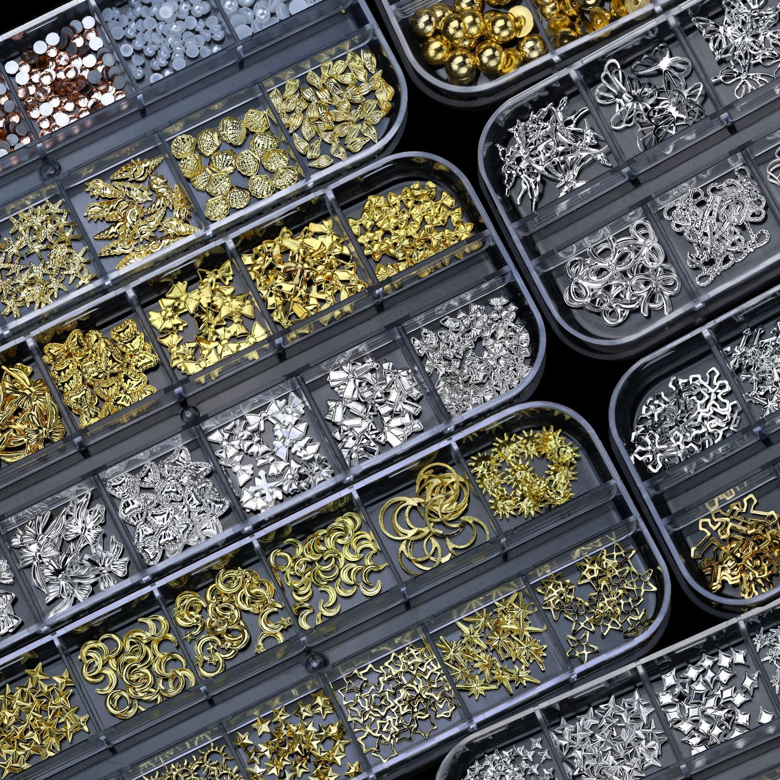 1Box Metal Star/Moon/Sun Nail Rhinestones 12 Grids Mixed Gold Silver Beads Rivets Alloy Nail Charms Decoration DIY Nail Jewelry E0151
