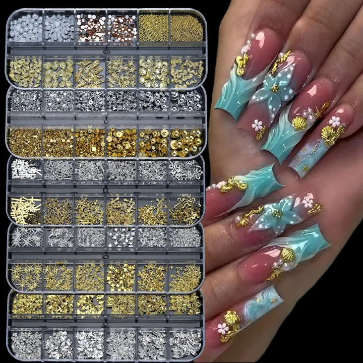 1Box Metal Star/Moon/Sun Nail Rhinestones 12 Grids Mixed Gold Silver Beads Rivets Alloy Nail Charms Decoration DIY Nail Jewelry E0151