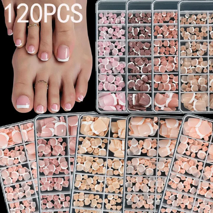 120Pcs French Short Square Artificial Press On Toenails Nude Pink Full Cover False Toe Nails Fake Toe Nail Extension For Women E0189