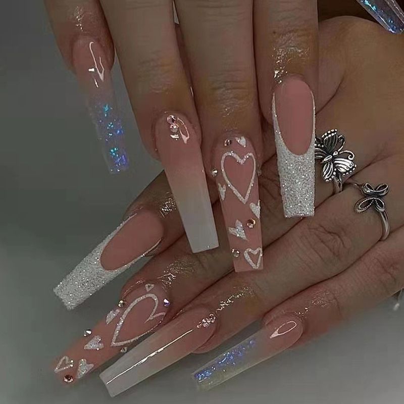 24Pcs Square False Nails with Jelly Glue Wearable Red Long Coffin Fake Nails Rhinestone Design Ballet Full Cover Press on Nails Tips