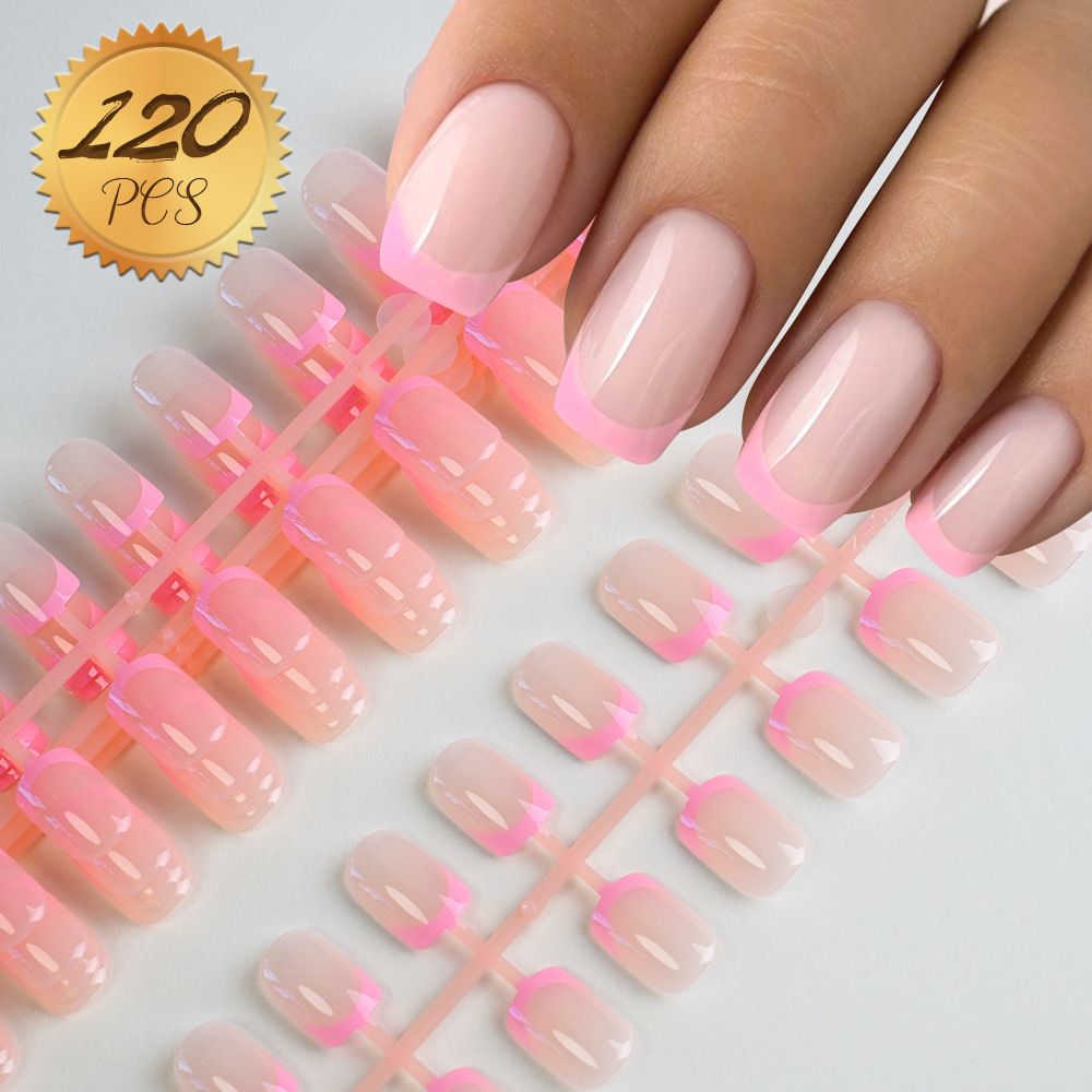 120Pcs Fake Toenails Nude Pink Short Square French Line False Toe Nails Detachable Press On Toenails Acrylic Soft ToeNails Tips