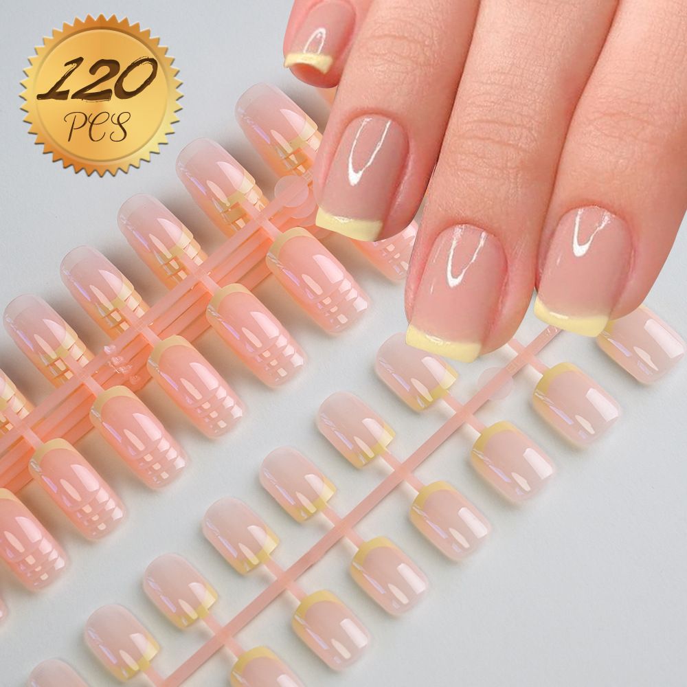 120Pcs Fake Toenails Nude Pink Short Square French Line False Toe Nails Detachable Press On Toenails Acrylic Soft ToeNails Tips