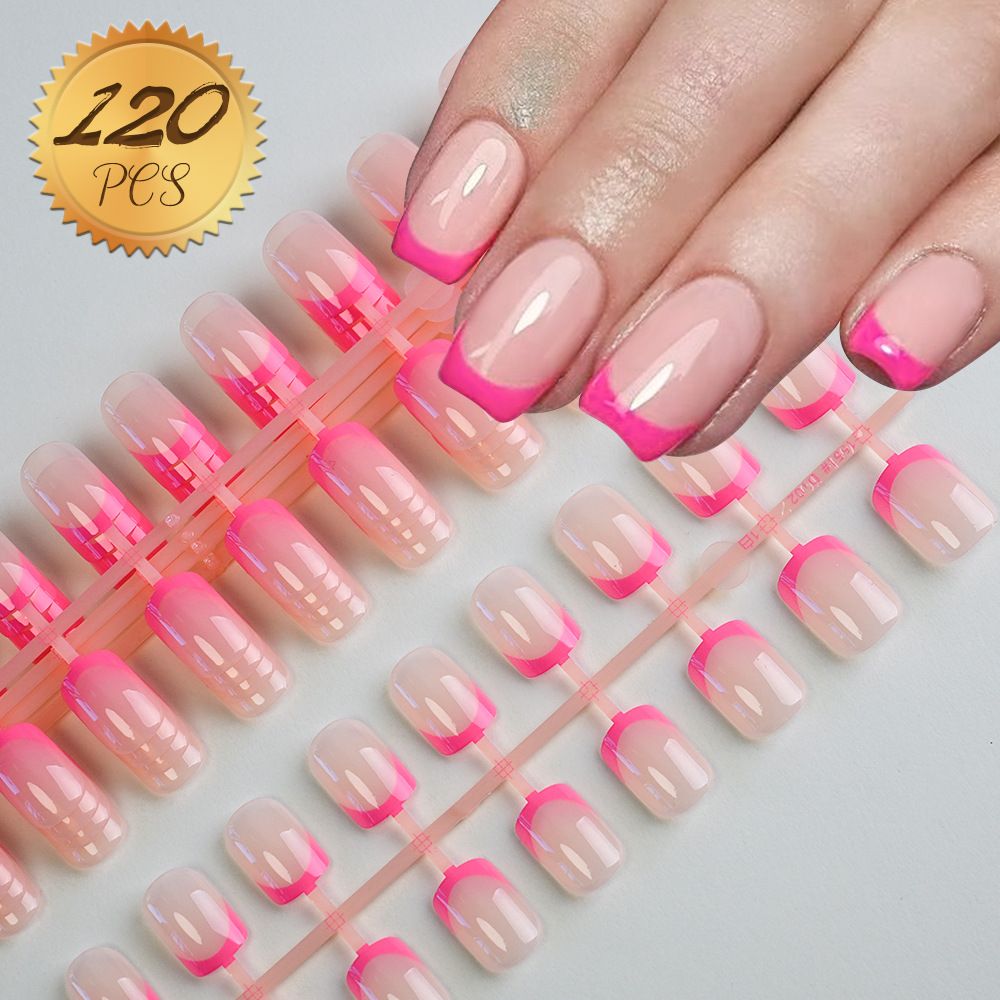 120Pcs Fake Toenails Nude Pink Short Square French Line False Toe Nails Detachable Press On Toenails Acrylic Soft ToeNails Tips