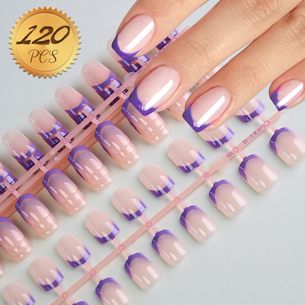 120Pcs Fake Toenails Nude Pink Short Square French Line False Toe Nails Detachable Press On Toenails Acrylic Soft ToeNails Tips