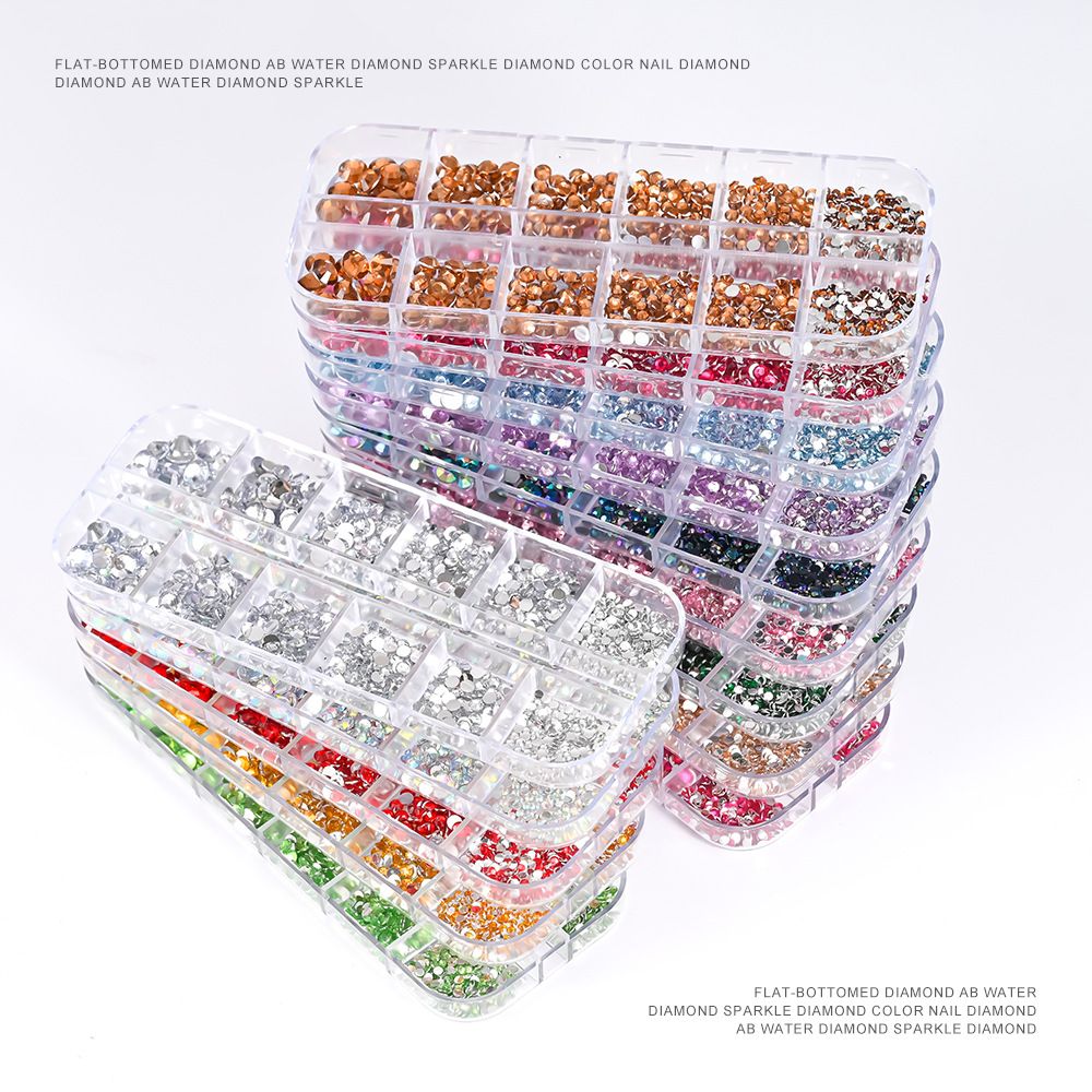 1Box(12Grids) 3D Colorful Round Nail Art Rhinestones Flatback Galss Diamond Gems Jewelry Nails Charms DIY Makeup Manicure Accessories
