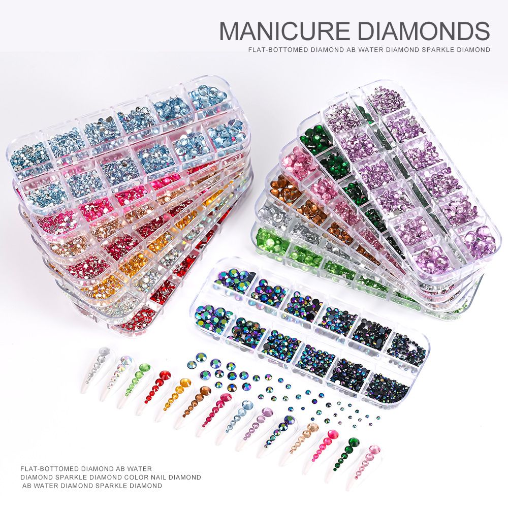 1Box(12Grids) 3D Colorful Round Nail Art Rhinestones Flatback Galss Diamond Gems Jewelry Nails Charms DIY Makeup Manicure Accessories