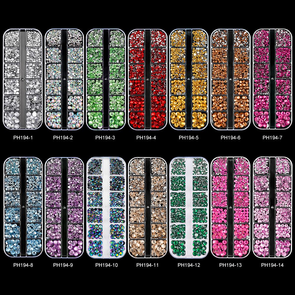 1Box(12Grids) 3D Colorful Round Nail Art Rhinestones Flatback Galss Diamond Gems Jewelry Nails Charms DIY Makeup Manicure Accessories
