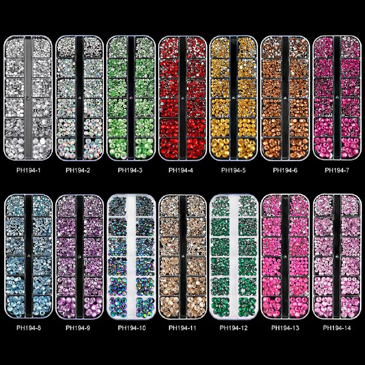 1Box(12Grids) 3D Colorful Round Nail Art Rhinestones Flatback Galss Diamond Gems Jewelry Nails Charms DIY Makeup Manicure Accessories
