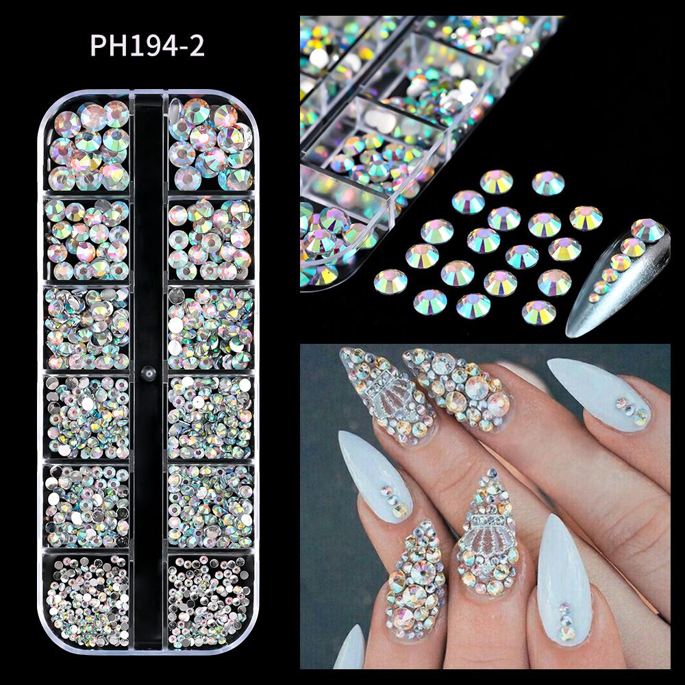 1Box(12Grids) 3D Colorful Round Nail Art Rhinestones Flatback Galss Diamond Gems Jewelry Nails Charms DIY Makeup Manicure Accessories