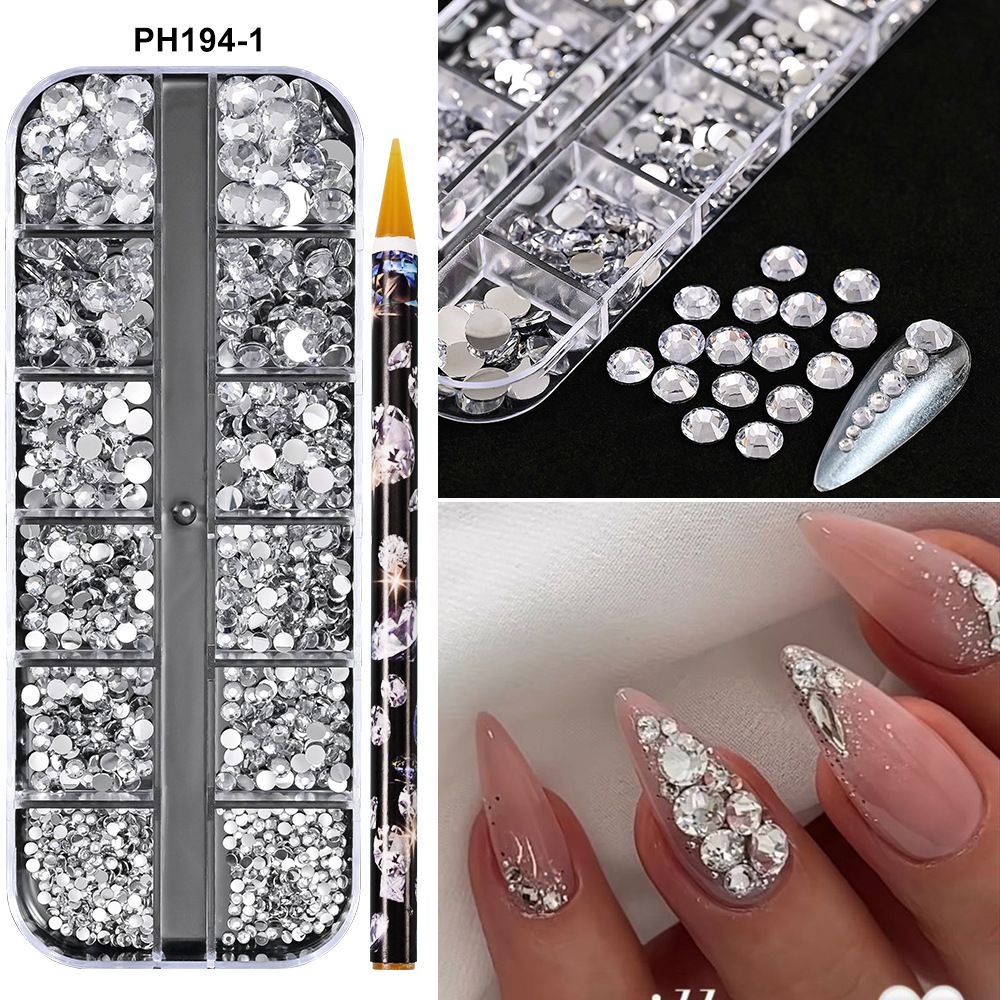 1Box(12Grids) 3D Colorful Round Nail Art Rhinestones Flatback Galss Diamond Gems Jewelry Nails Charms DIY Makeup Manicure Accessories