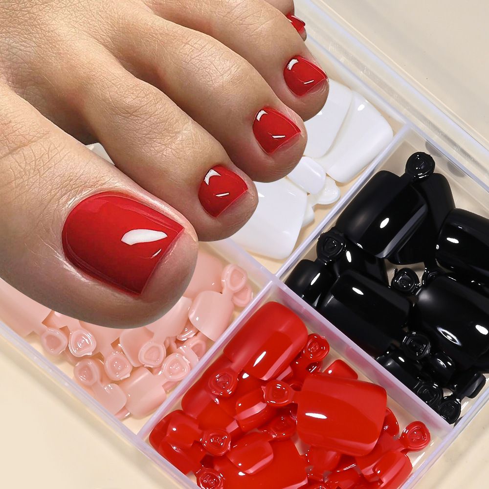96Pcs-box Short Press On Toe Nails Red High Saturation Fake Toe Nails French/Solid Color Summer Toenails Delicate Nail for Daily E0108