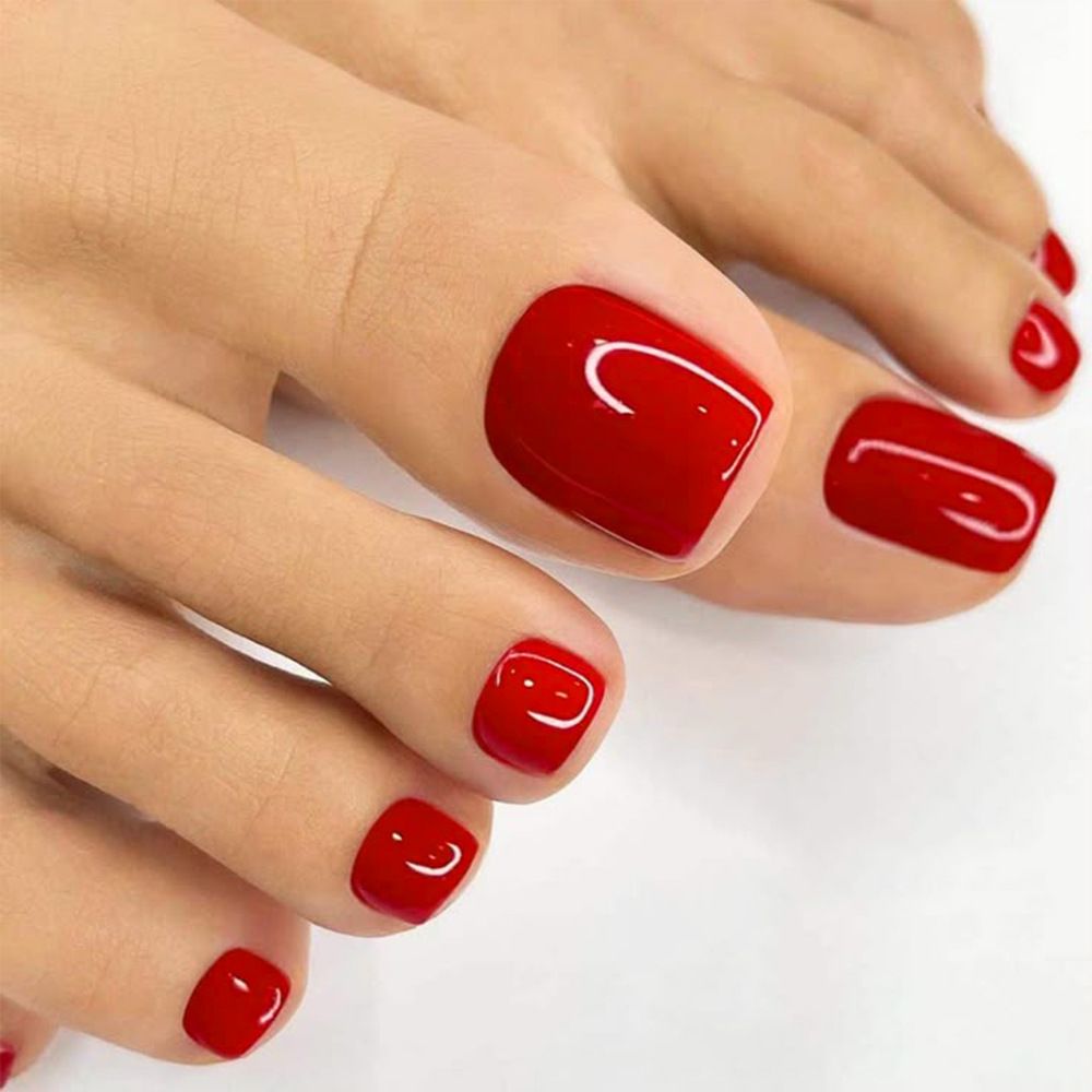 96Pcs-box Short Press On Toe Nails Red High Saturation Fake Toe Nails French/Solid Color Summer Toenails Delicate Nail for Daily E0108