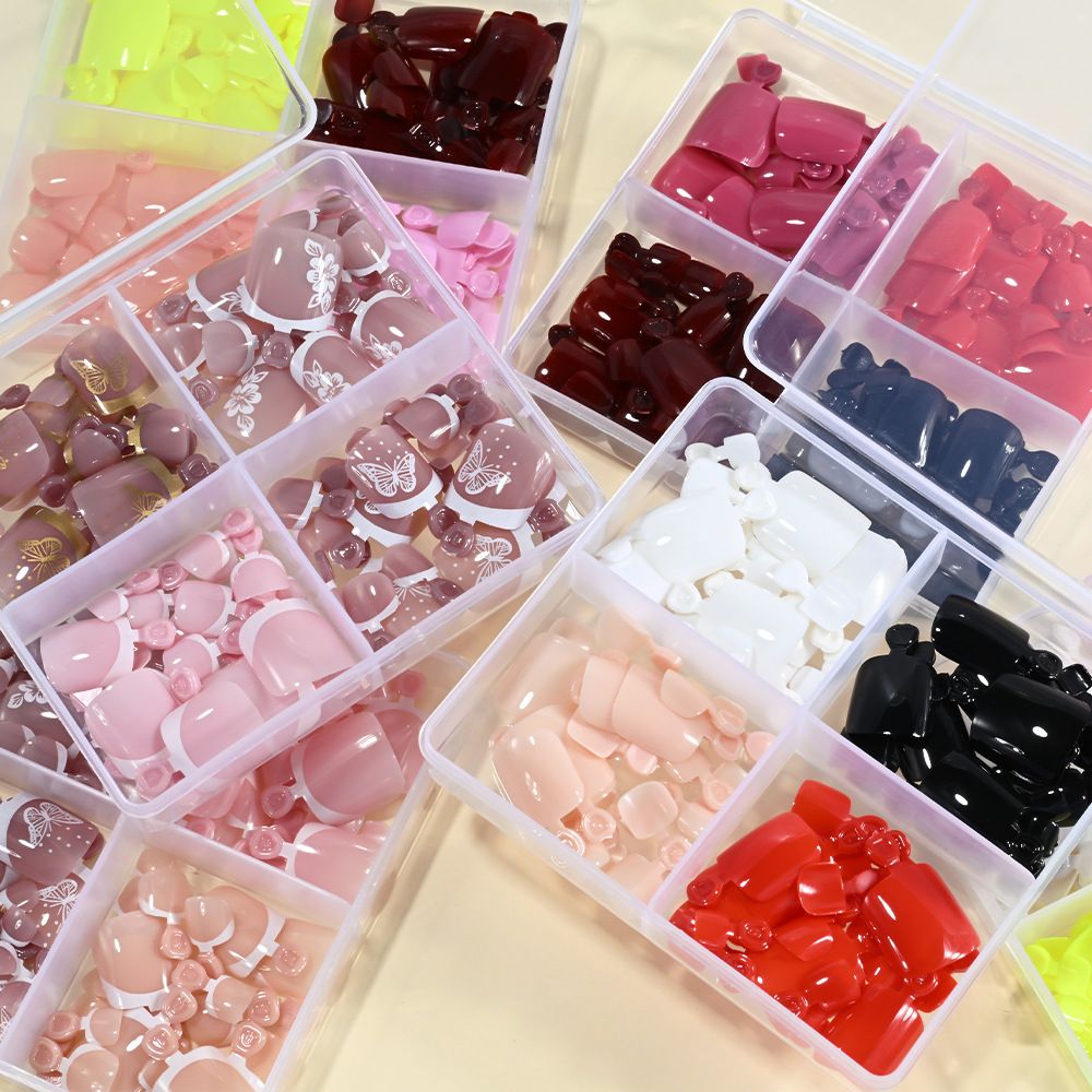 96Pcs-box Short Press On Toe Nails Red High Saturation Fake Toe Nails French/Solid Color Summer Toenails Delicate Nail for Daily E0108