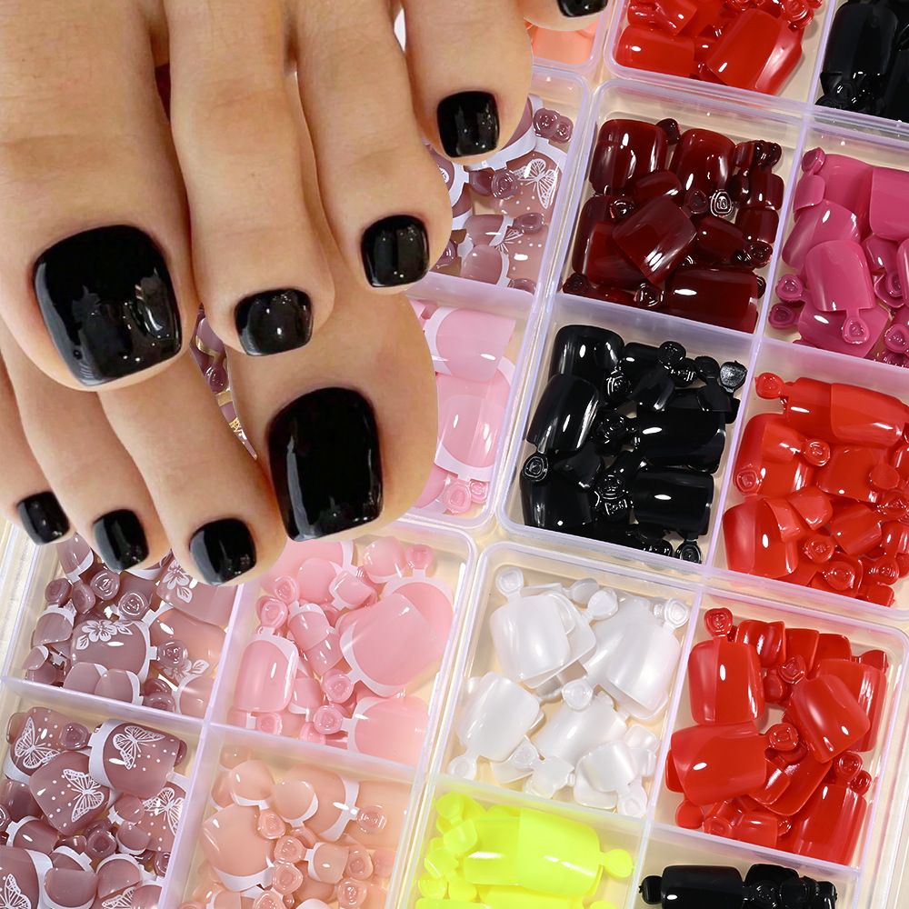 96Pcs-box Short Press On Toe Nails Red High Saturation Fake Toe Nails French/Solid Color Summer Toenails Delicate Nail for Daily E0108