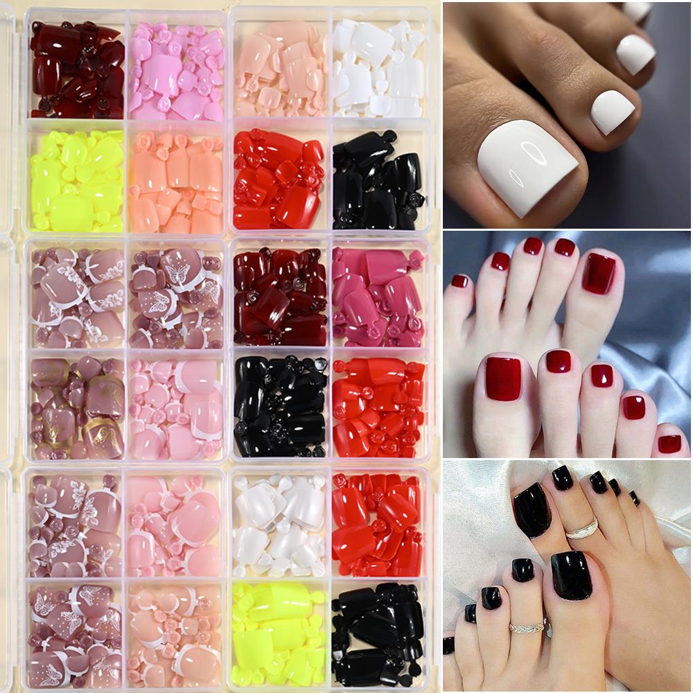 96Pcs-box Short Press On Toe Nails Red High Saturation Fake Toe Nails French/Solid Color Summer Toenails Delicate Nail for Daily E0108