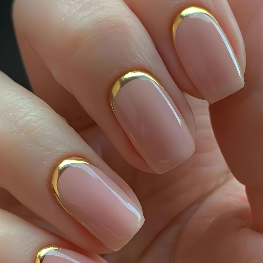 24pcs Gold Edge French Fake Nails Short Nude Pink Simple Artificial Nail Patch Press on Nail Tips for Girls Full Cover Wearable E0111
