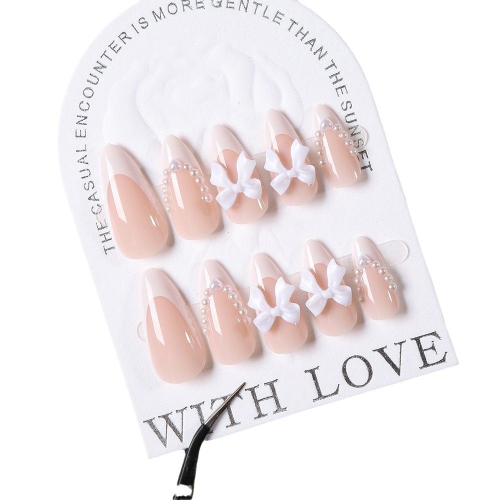 24Pcs Short Almond White Bowknot French Press on Nails Sweet Bow Pearl Design Acrylic Fake Nails Full Cover French False Nail E0125
