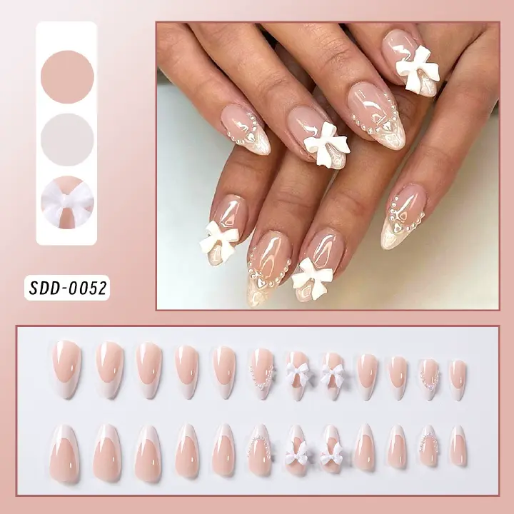24Pcs Short Almond White Bowknot French Press on Nails Sweet Bow Pearl Design Acrylic Fake Nails Full Cover French False Nail E0125