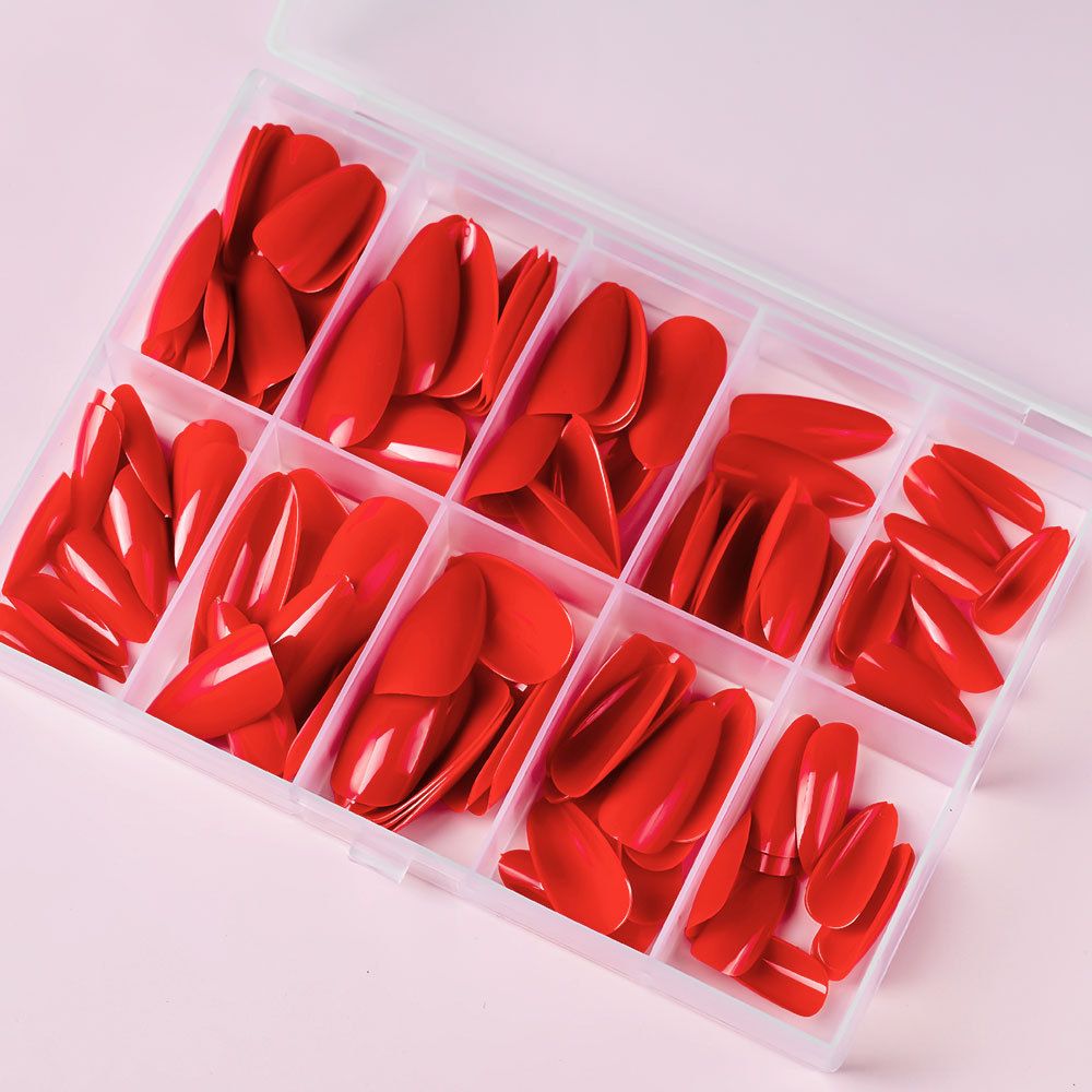 120pcs/box Red White Glossy Acrylic Medium Almond False Nails Solid Color Press-On Nails 12 Sizes Almond Artificial Fake Nails E0198
