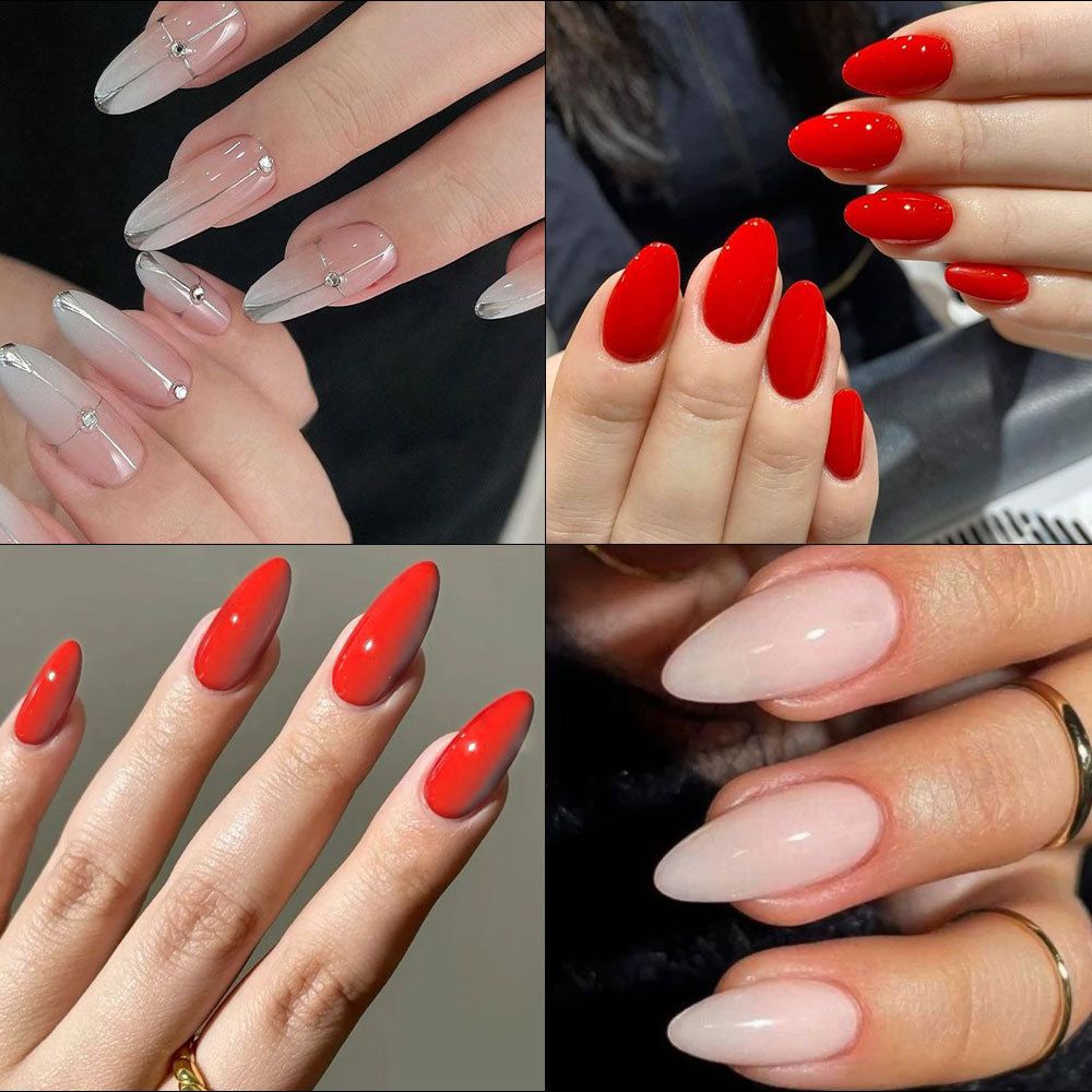 120pcs/box Red White Glossy Acrylic Medium Almond False Nails Solid Color Press-On Nails 12 Sizes Almond Artificial Fake Nails E0198