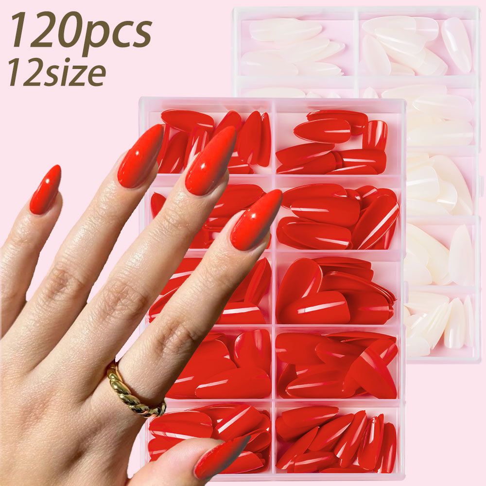 120pcs/box Red White Glossy Acrylic Medium Almond False Nails Solid Color Press-On Nails 12 Sizes Almond Artificial Fake Nails E0198
