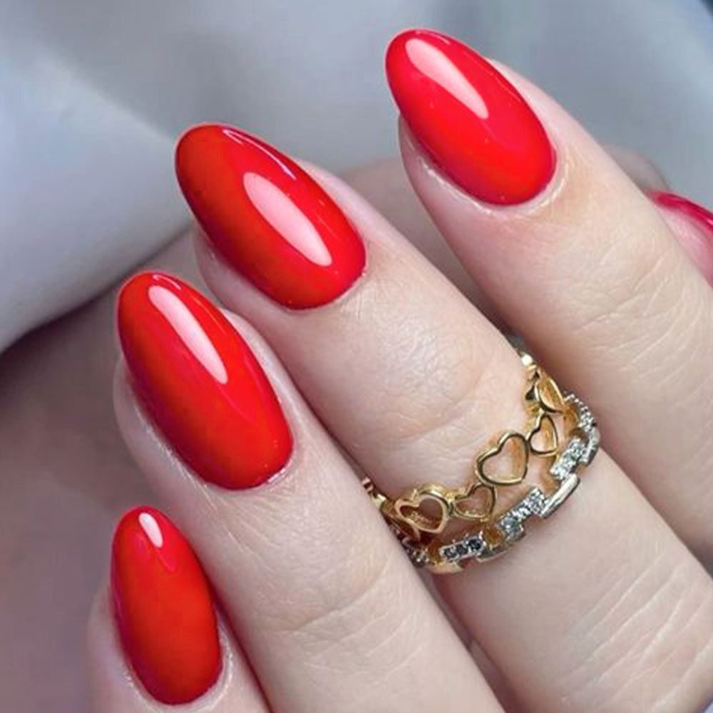 120pcs/box Red White Glossy Acrylic Medium Almond False Nails Solid Color Press-On Nails 12 Sizes Almond Artificial Fake Nails E0198