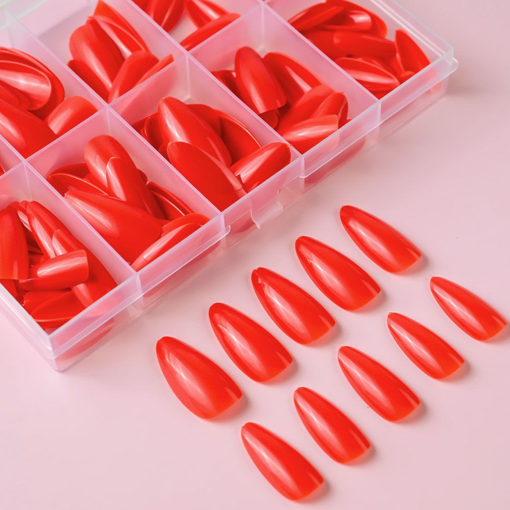 120pcs/box Red White Glossy Acrylic Medium Almond False Nails Solid Color Press-On Nails 12 Sizes Almond Artificial Fake Nails E0198