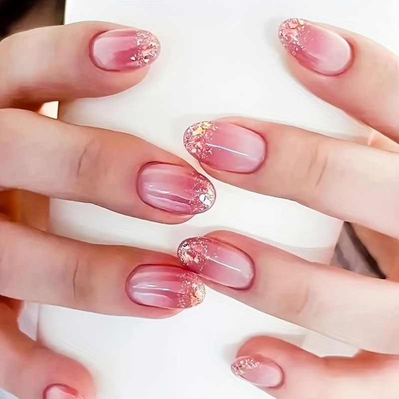 24Pcs/Set Short French Wearing Fake Nails Art Pink Gentle Girl Glitter Pearlized Press on Nail Tips Cute Natural Sweet Ins Style E0110
