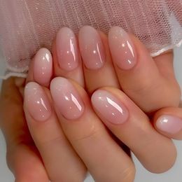24Pcs/Set Short French Wearing Fake Nails Art Pink Gentle Girl Glitter Pearlized Press on Nail Tips Cute Natural Sweet Ins Style E0110