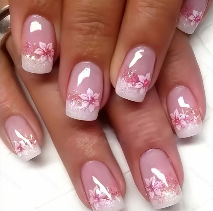 24Pcs/set Medium Length French Fake Nails Blue Pink Halo Glossy False Nail Artificial Acrylic Press On Nails Art tips Removable E0110