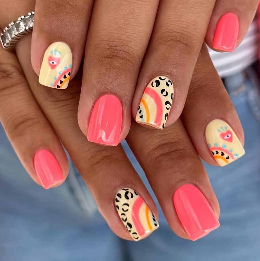 24Pcs/set Medium Length French Fake Nails Blue Pink Halo Glossy False Nail Artificial Acrylic Press On Nails Art tips Removable E0110