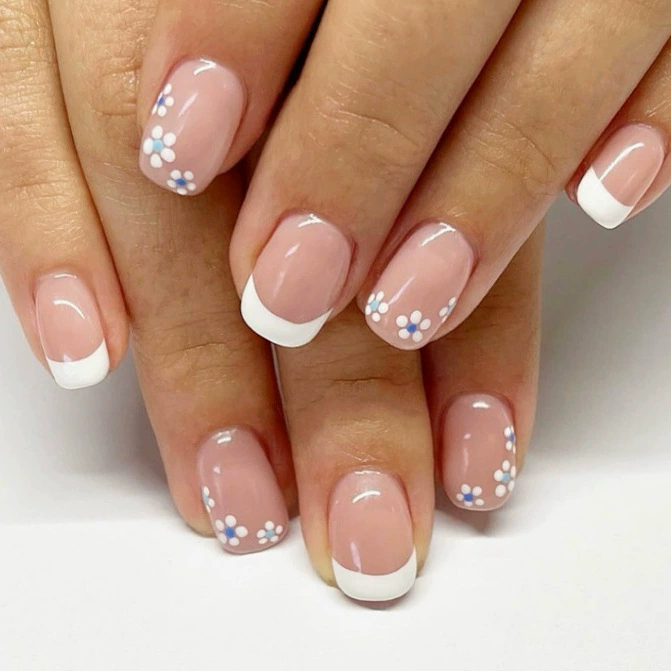 24Pcs/set Medium Length French Fake Nails Blue Pink Halo Glossy False Nail Artificial Acrylic Press On Nails Art tips Removable E0110