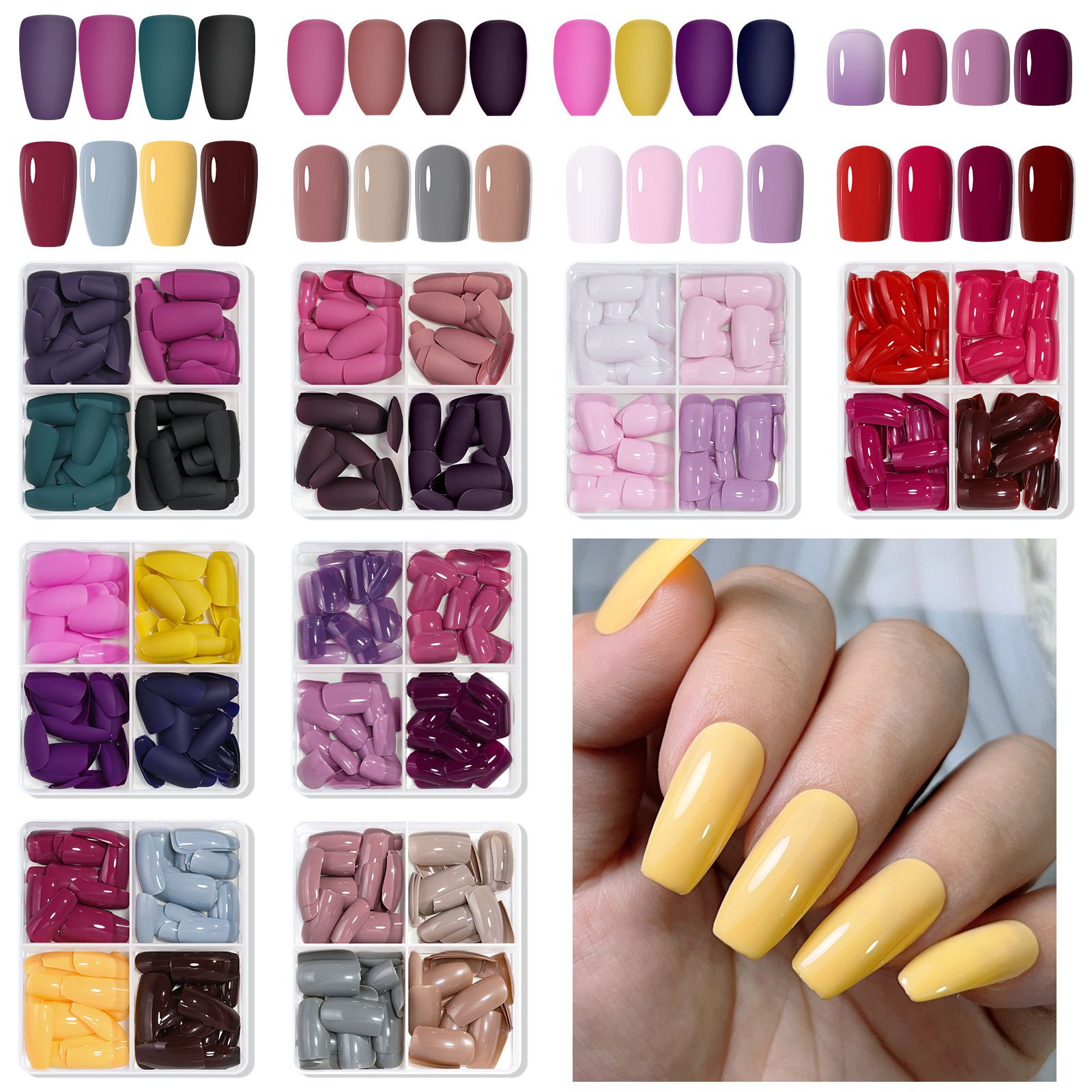 96Pcs Mix Color Press on Nails Frosted/Glossy Solid Color Square Head Fake Nails Wearable Stick-on False Nails for Woman E0177