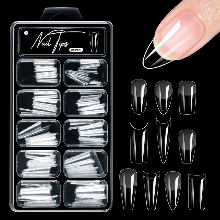 100Pcs Short Almond Half Matte Nail Tips Soft Gel Nail Tips Glossy Full Cover False Nail Tips For Acrylic Nails Manicure Salon E0199