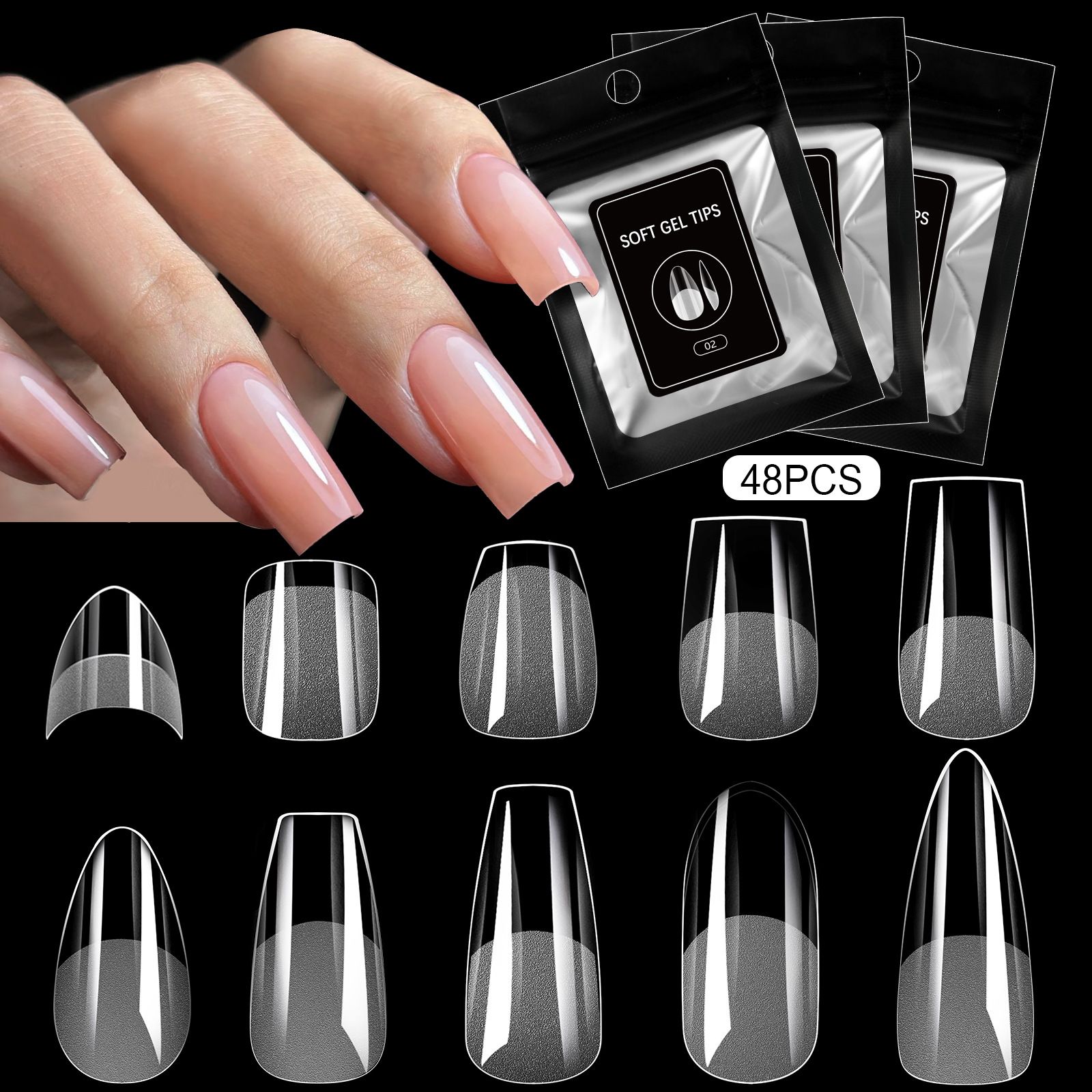 48pcs Clear False Toes Nails French Square Nature White Full Cover Fake Toe Nails Feet Nail Tips Artificial Press on Toenails E0132